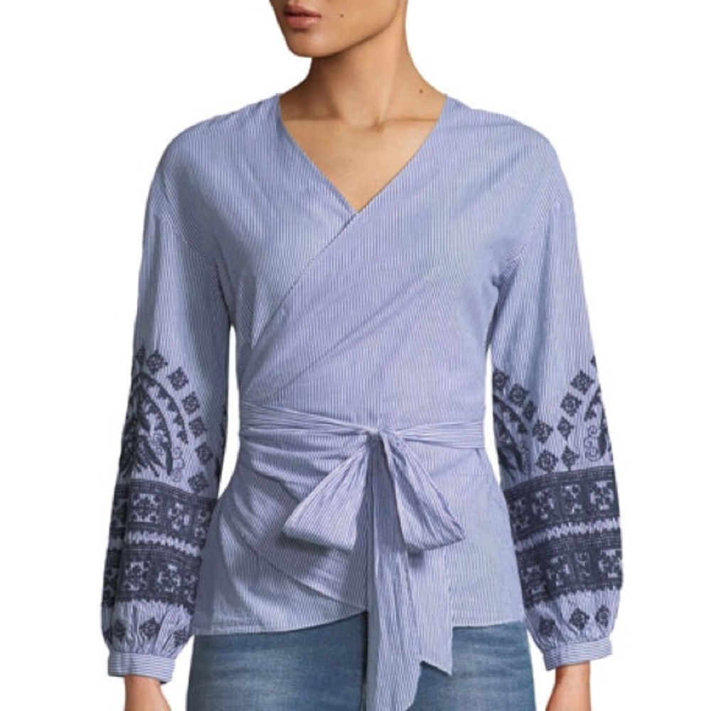 Brandon Thomas Embroidered Pinstriped Wrap Blouse